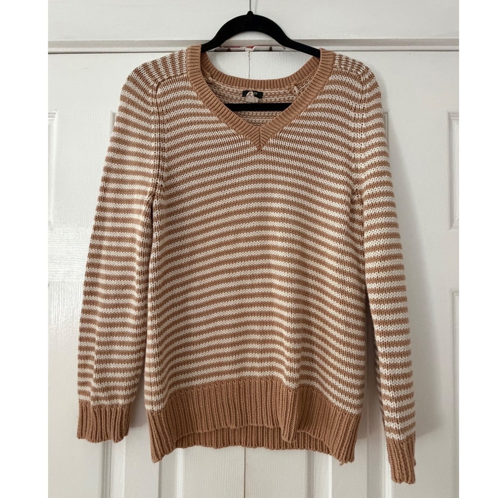 J. Crew Womens Tan White Striped 100% Cotton V-Neck Sweater Size M RN77388